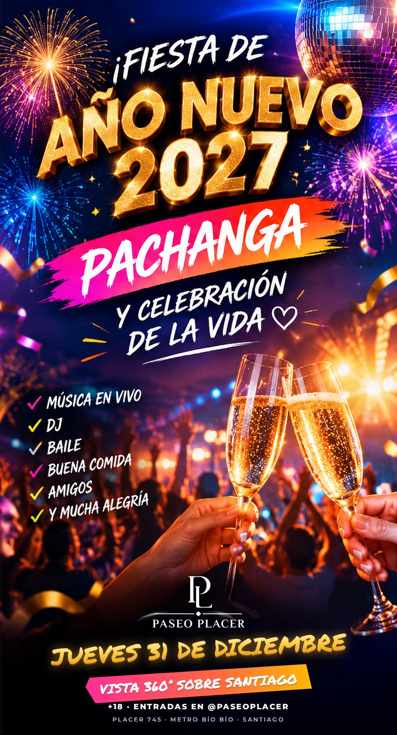 Afiche Fiesta de Año Nuevo 2027 en Paseo Placer, jueves 31 de diciembre